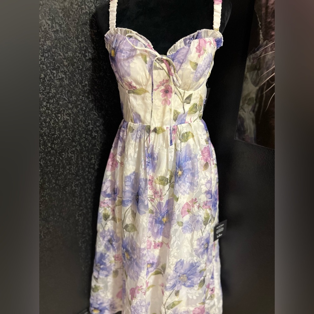 💜LULUS Hillela Ivory Floral Ruffled Lace-Up Midi Skater Dress💜SZ L- NWT - Picture 15 of 16